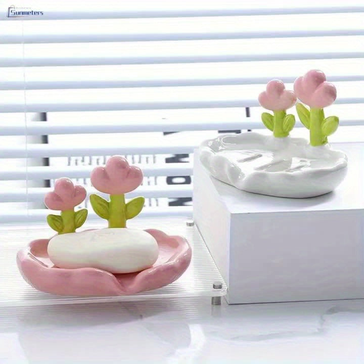 FloraDrain | Zachtroze & Mintgroene Bloemen Zeepbak – Antislip Bodem, Zelfafvoerend Ontwerp