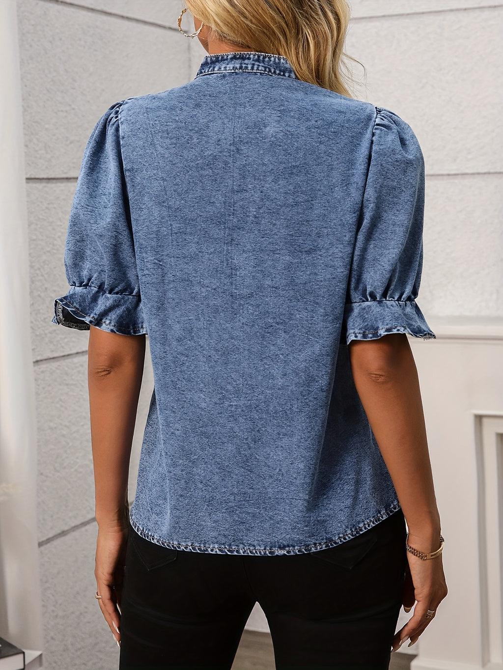 Vanya | Dames Casual V-hals Denim Shirt – Vintage Europese Stijl, Pofmouwen