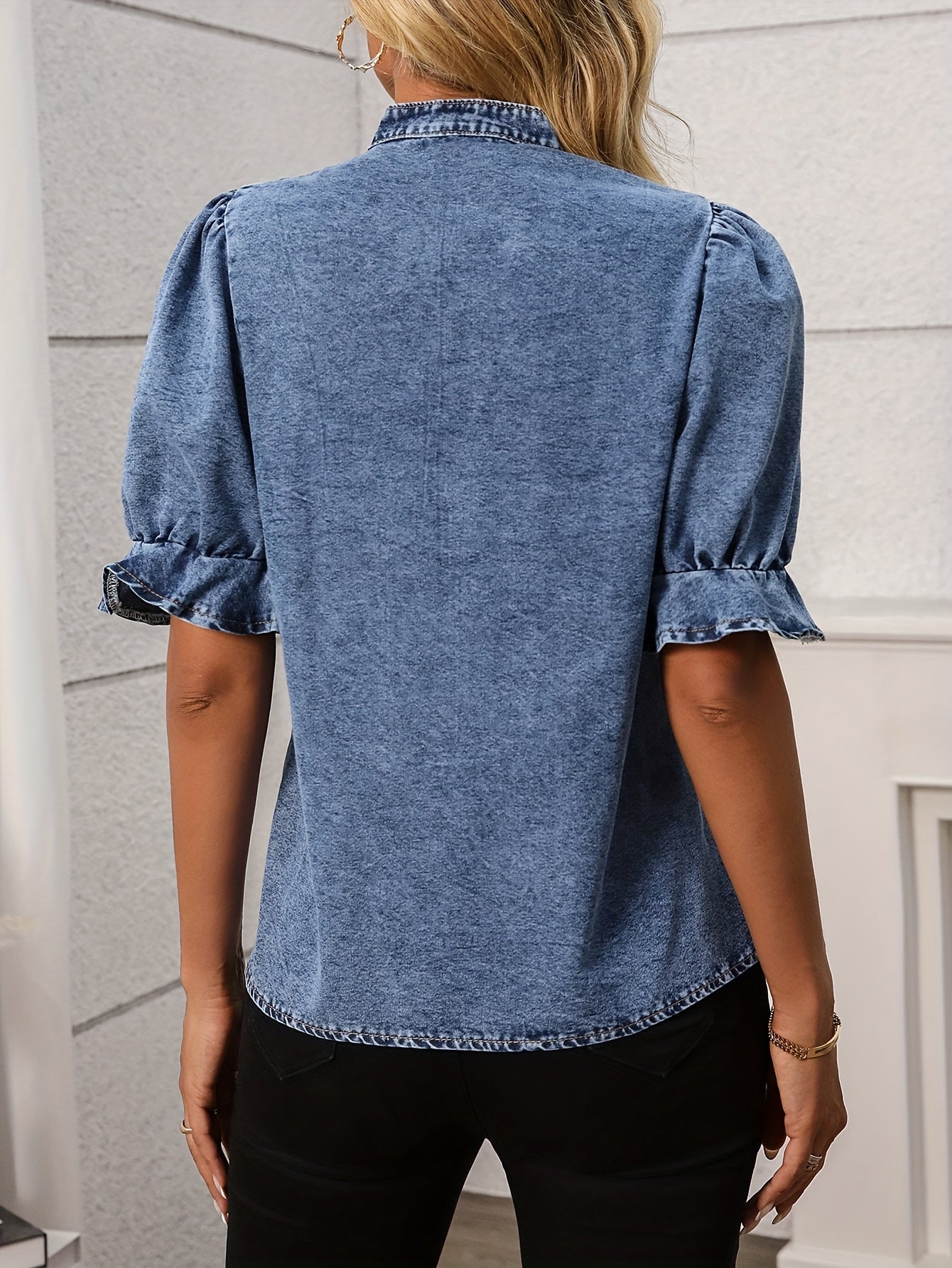 Vanya | Dames Casual V-hals Denim Shirt – Vintage Europese Stijl, Pofmouwen
