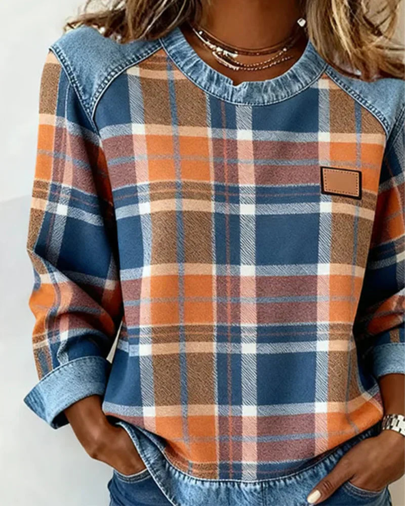 Elvarielle | Dames Geruite Trui – Denim Patchwork Gebreide Casual Trui met Lange Mouwen
