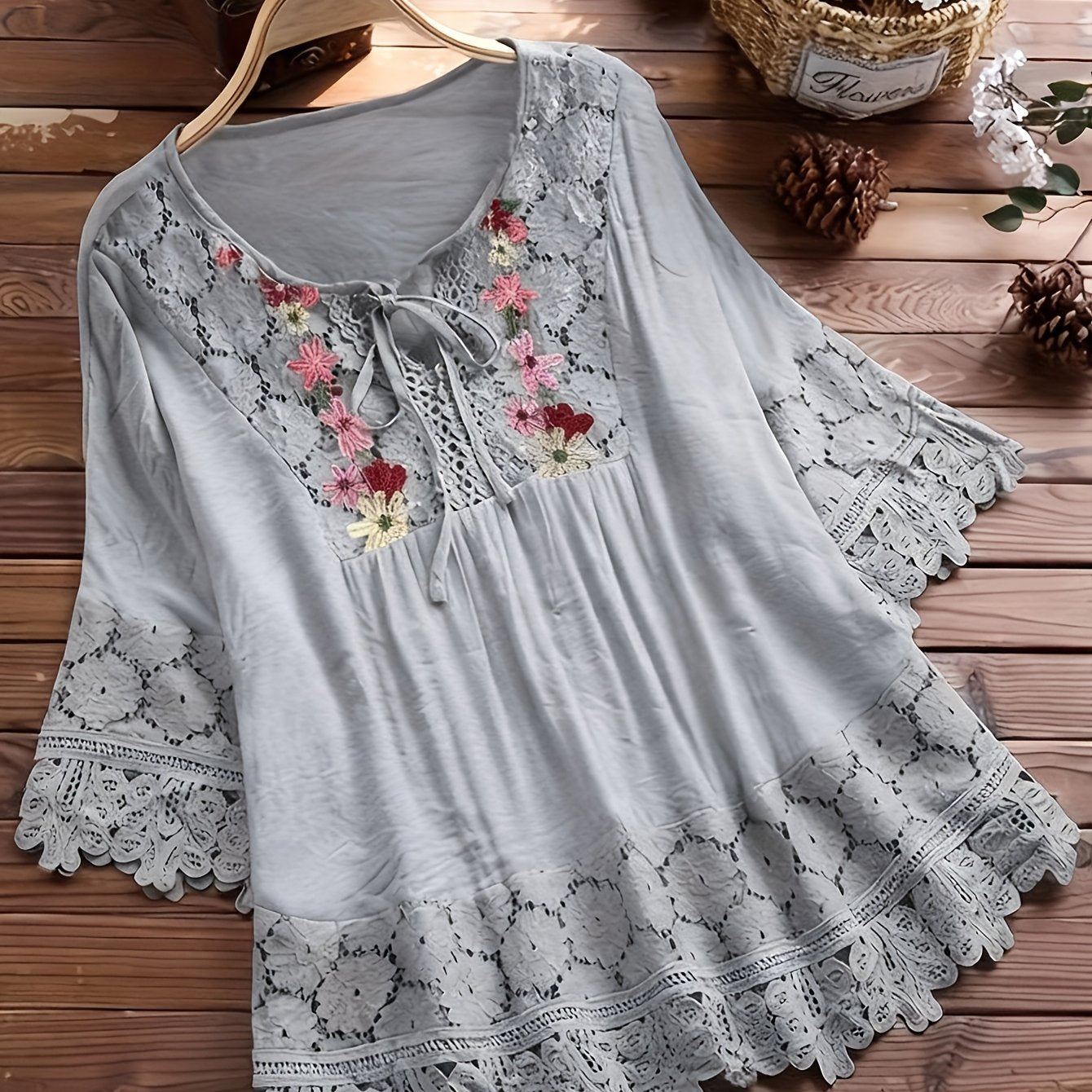 Vayla | Casual kanten damesblouse – Lente-zomerblouse met lange mouwen en patchwork