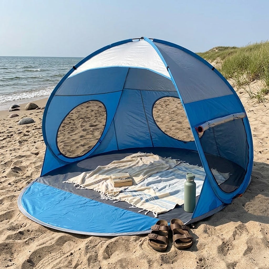 PopShelter | Opvouwbare strandtent – direct zonnescherm, UV-bescherming, inklapbare en draagbare strandluifel