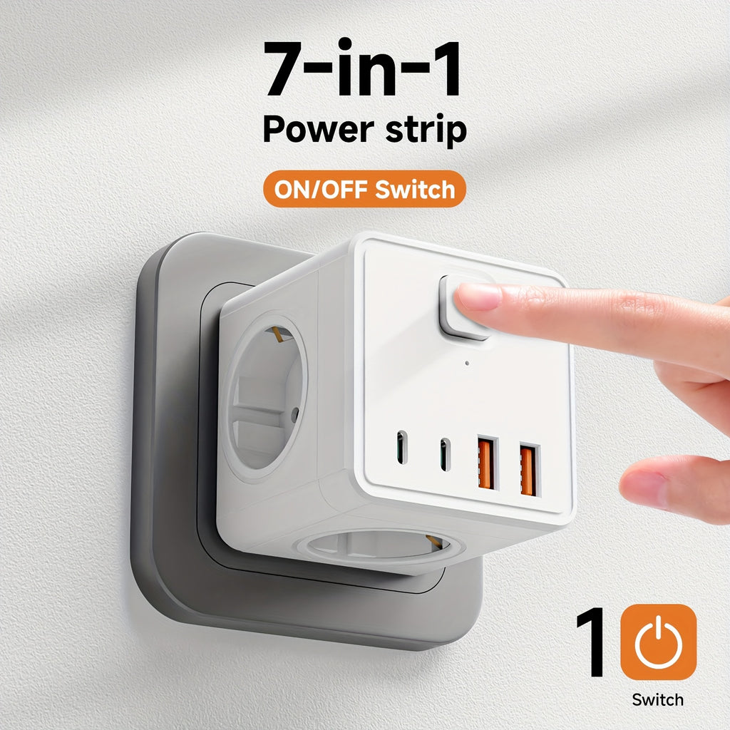 PowerPort | 7-in-1 EU Stopcontact Strip – 3 AC, 2 USB, 2 Type-C Poorten met Schakelaar, Thuis & Kantoor