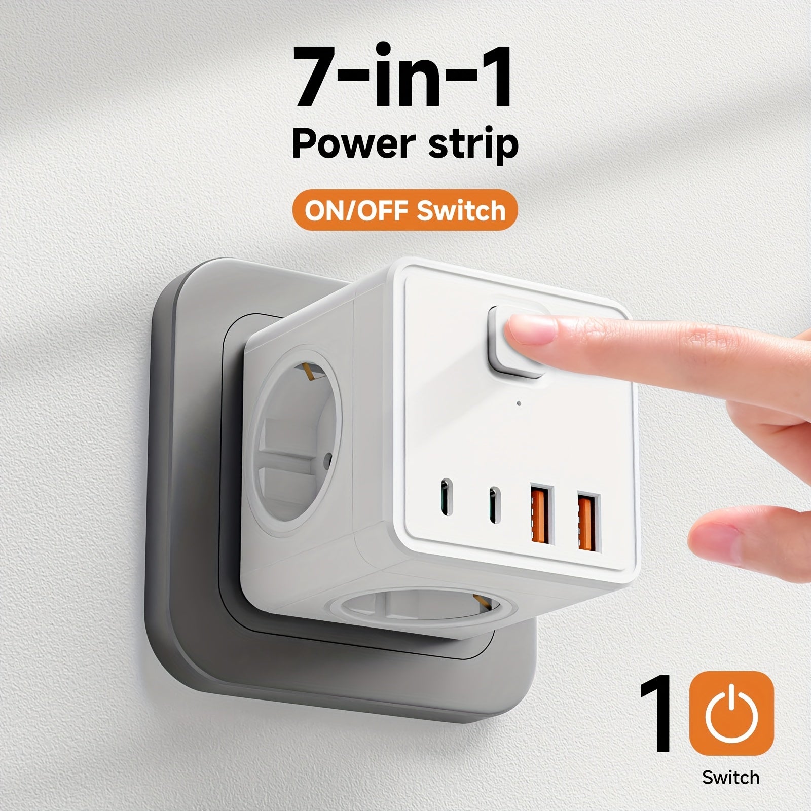 PowerPort | 7-in-1 EU Stopcontact Strip – 3 AC, 2 USB, 2 Type-C Poorten met Schakelaar, Thuis & Kantoor