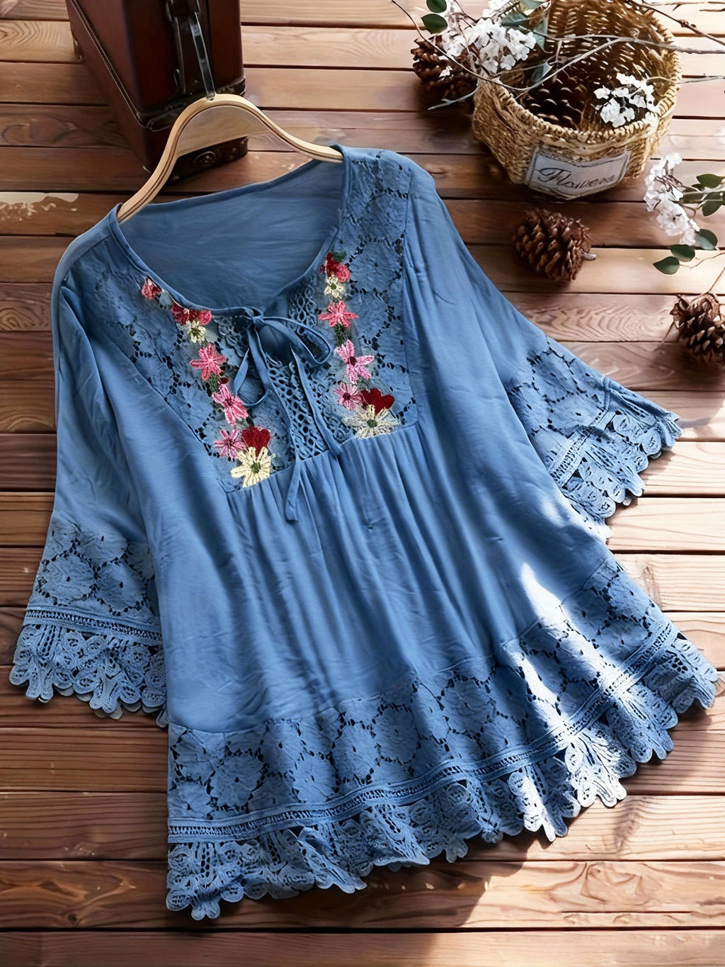Vayla | Casual kanten damesblouse – Lente-zomerblouse met lange mouwen en patchwork