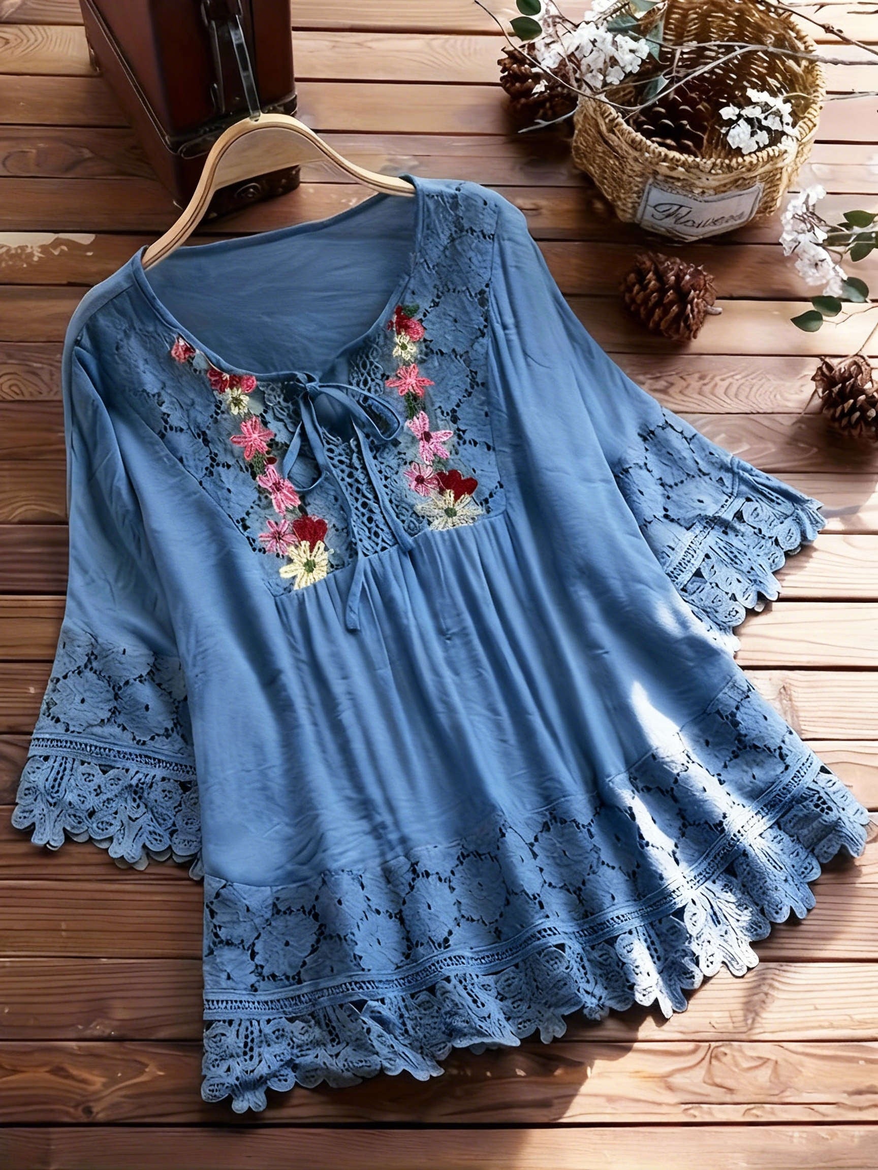 Vayla | Casual kanten damesblouse – Lente-zomerblouse met lange mouwen en patchwork