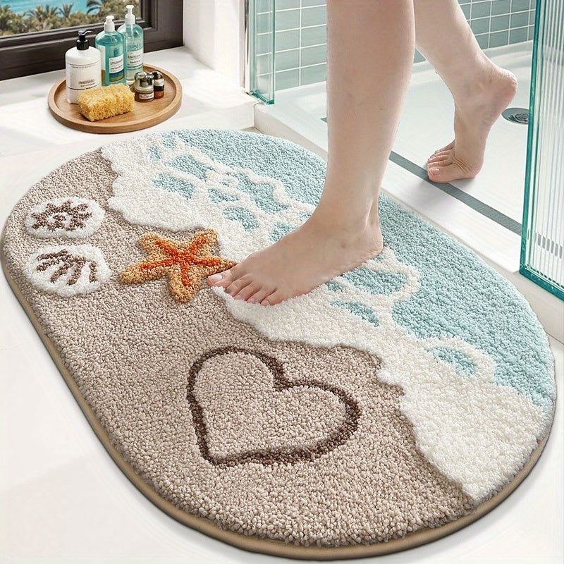 ShoreStep | Pluizige Ovale Badmat – Antislip en Waterabsorberend, Badkamermat met Strandschelpenpatroon