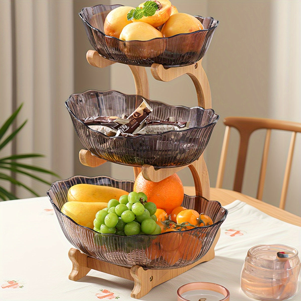 StackNest | 3-Lagen Plastic Fruit- & Snackbord – Multifunctionele Opbergtray, Gelaagde Dessertstandaard