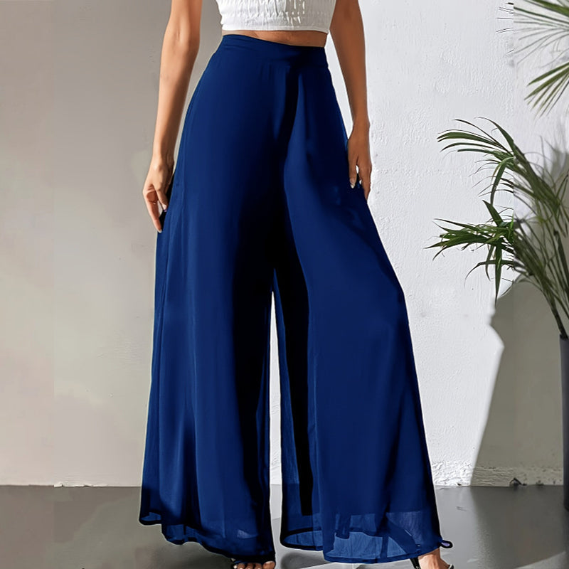 Roselia | Lichte zomerbroek voor dames – Soepelvallende palazzo met wijde pijpen van chiffon