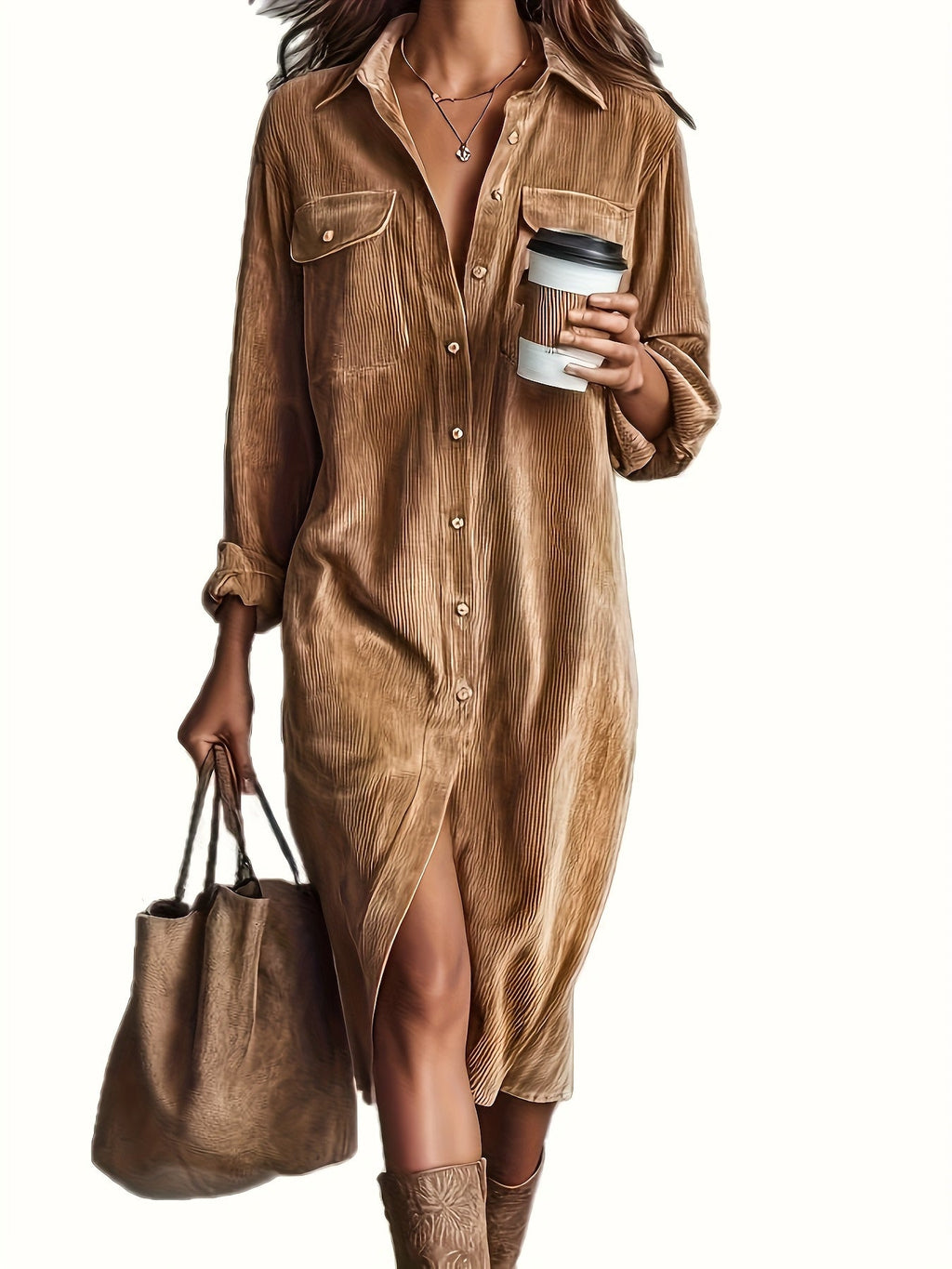 Gina | Corduroy overhemdjurk met knopen voor dames - Casual werkjurk met zakken