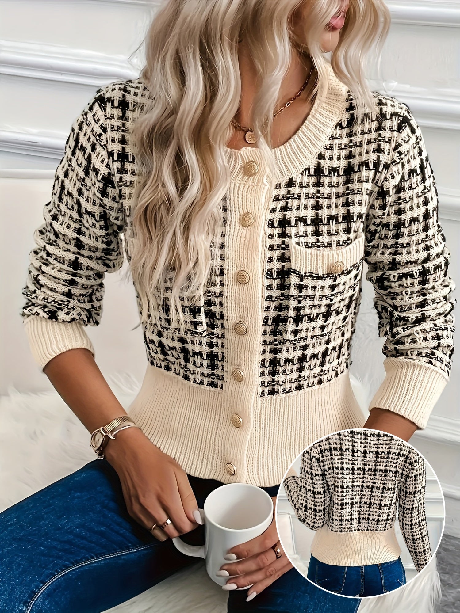 Gylora | Damesvest van geruite tweed – Gebreid vest met knopen
