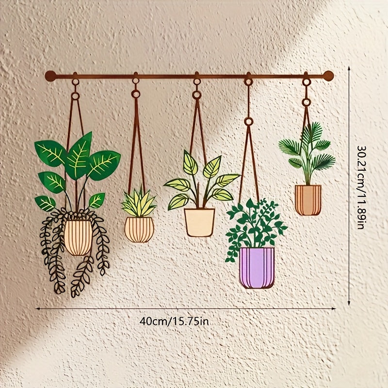 WallFlora | Grote Metalen Plantenwanddecoratie – Bruine Hangende Buizen met Groene & Paarse Potten