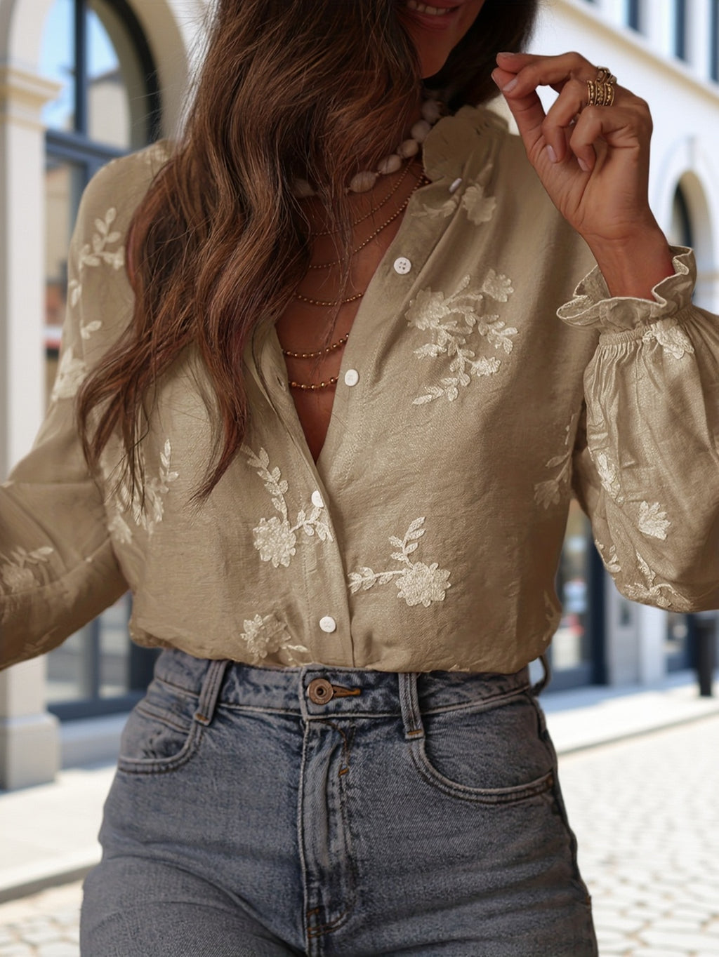 Omelia | Dames casual blouse met lange mouwen, bloemenborduursel, knopen aan de voorkant