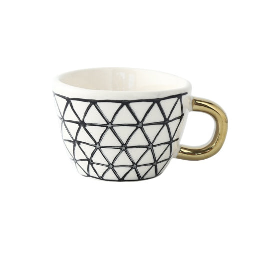 LuxeMug | Geometrisch Patroon Kopje met Gouden Handvat, Elegante Keramische Koffiemok, Luxe Theekopje