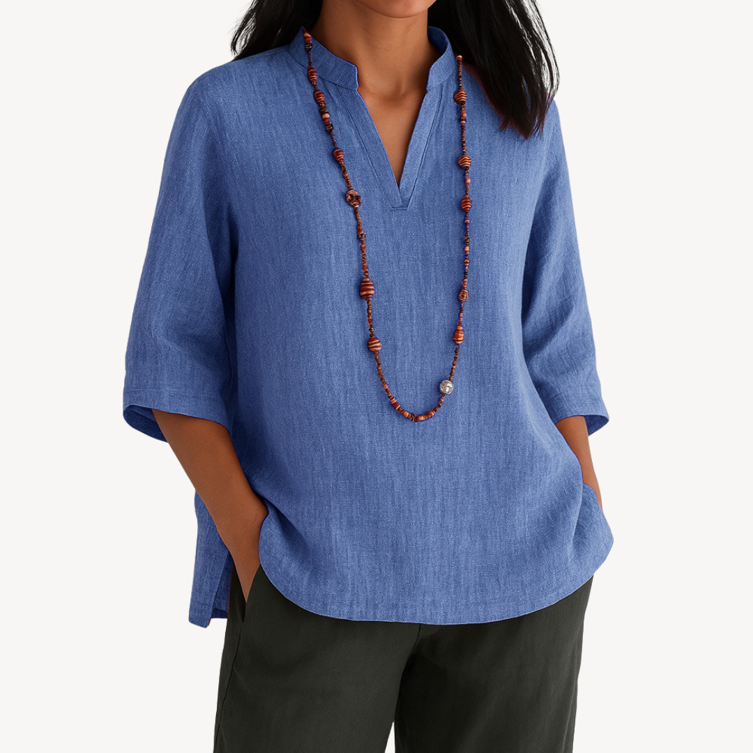 Elyne | Casual Linnen Blouse voor Dames – 3/4 Mouwen, V-hals, Losse Pasvorm, Lichtgewicht Top, Tuniekstijl