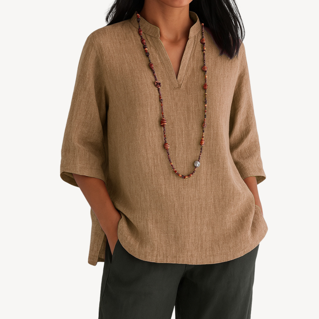 Elyne | Casual Linnen Blouse voor Dames – 3/4 Mouwen, V-hals, Losse Pasvorm, Lichtgewicht Top, Tuniekstijl