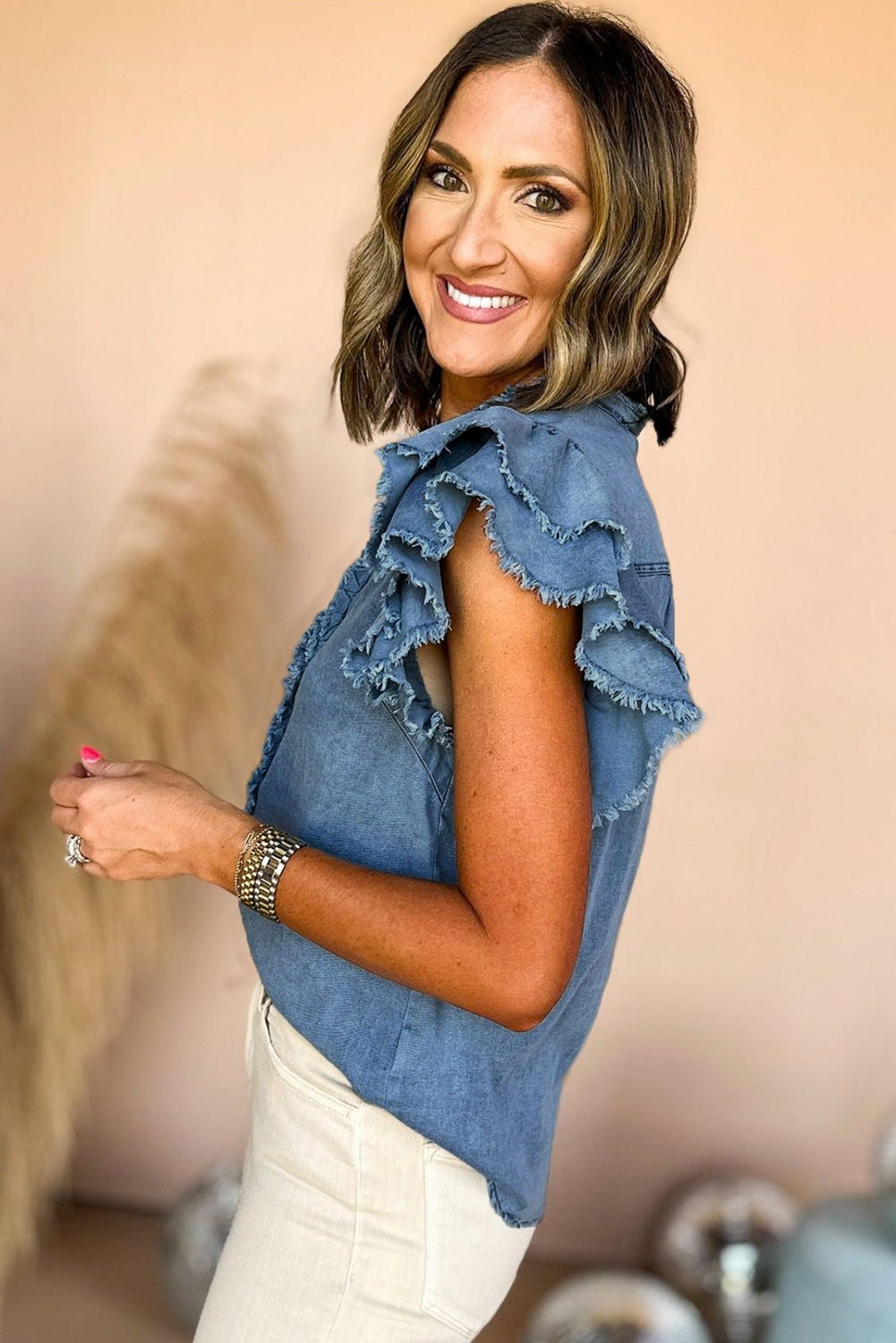 Elia | Denimblouse voor dames – Casual spijkerblouse met knoopsluiting en wijd uitlopende mouwen