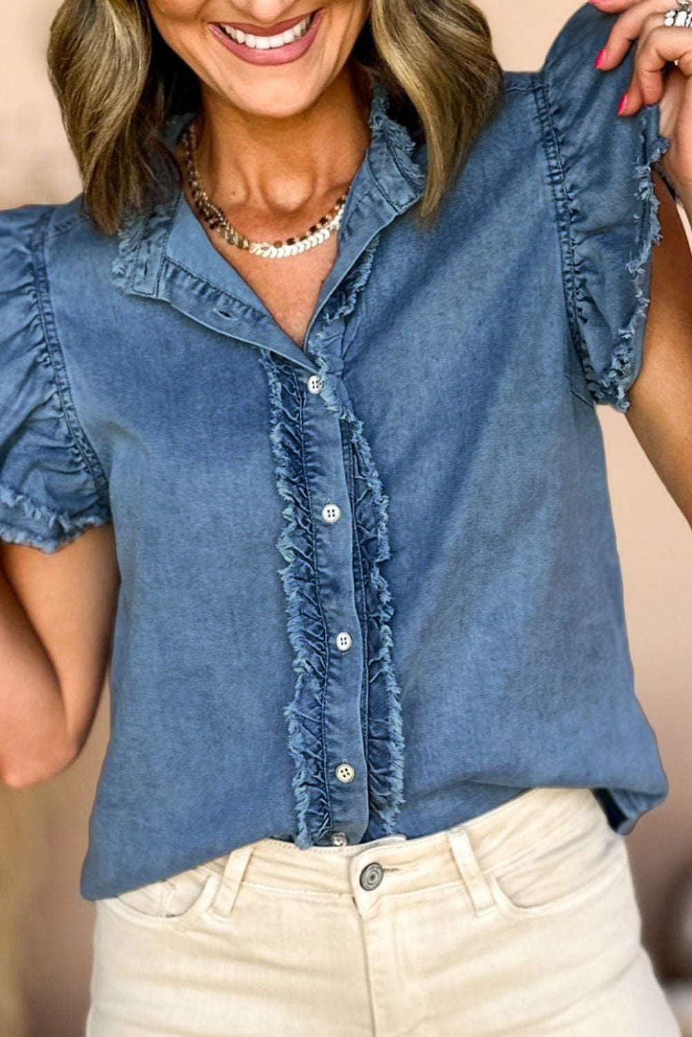 Elia | Denimblouse voor dames – Casual spijkerblouse met knoopsluiting en wijd uitlopende mouwen