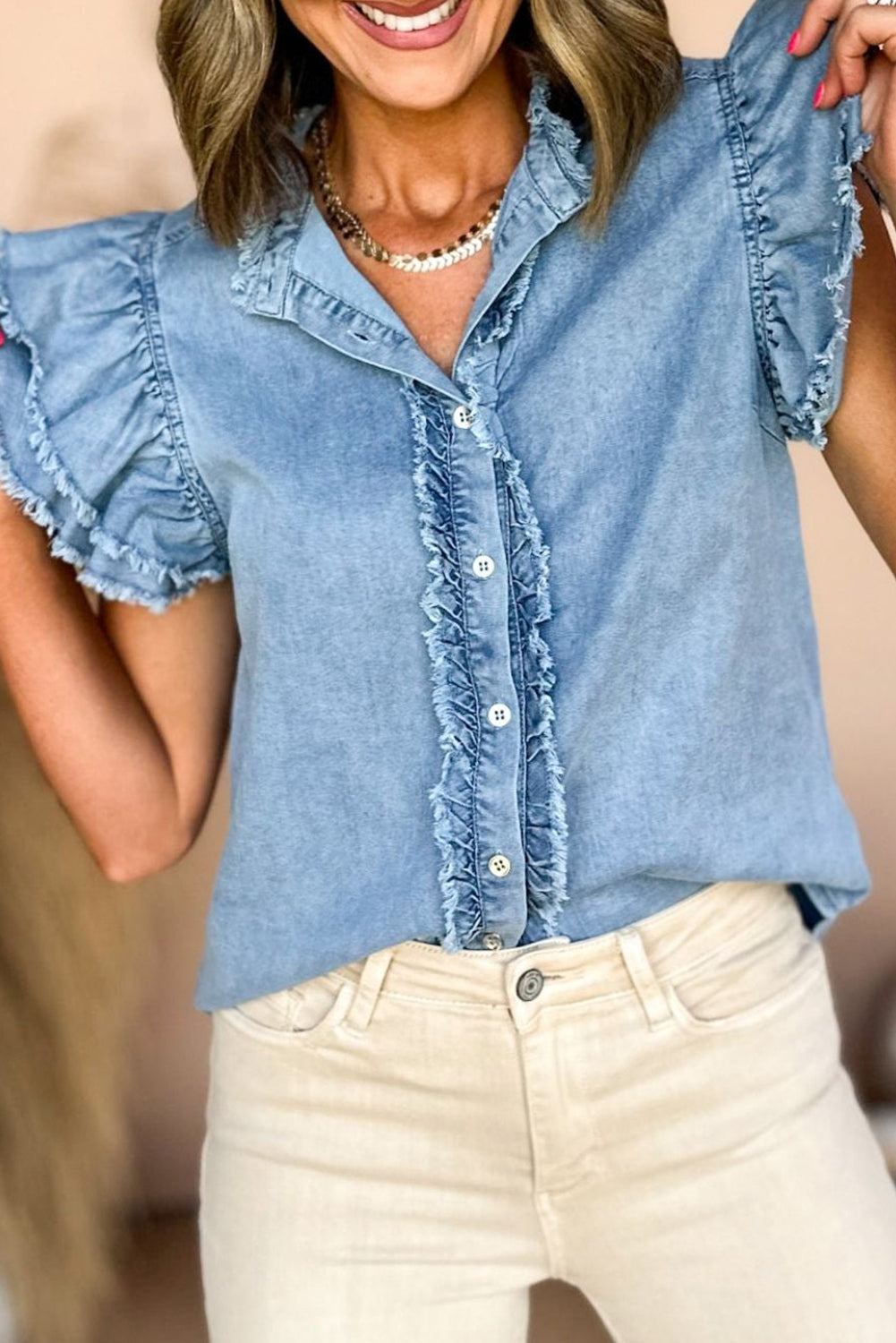 Elia | Denimblouse voor dames – Casual spijkerblouse met knoopsluiting en wijd uitlopende mouwen