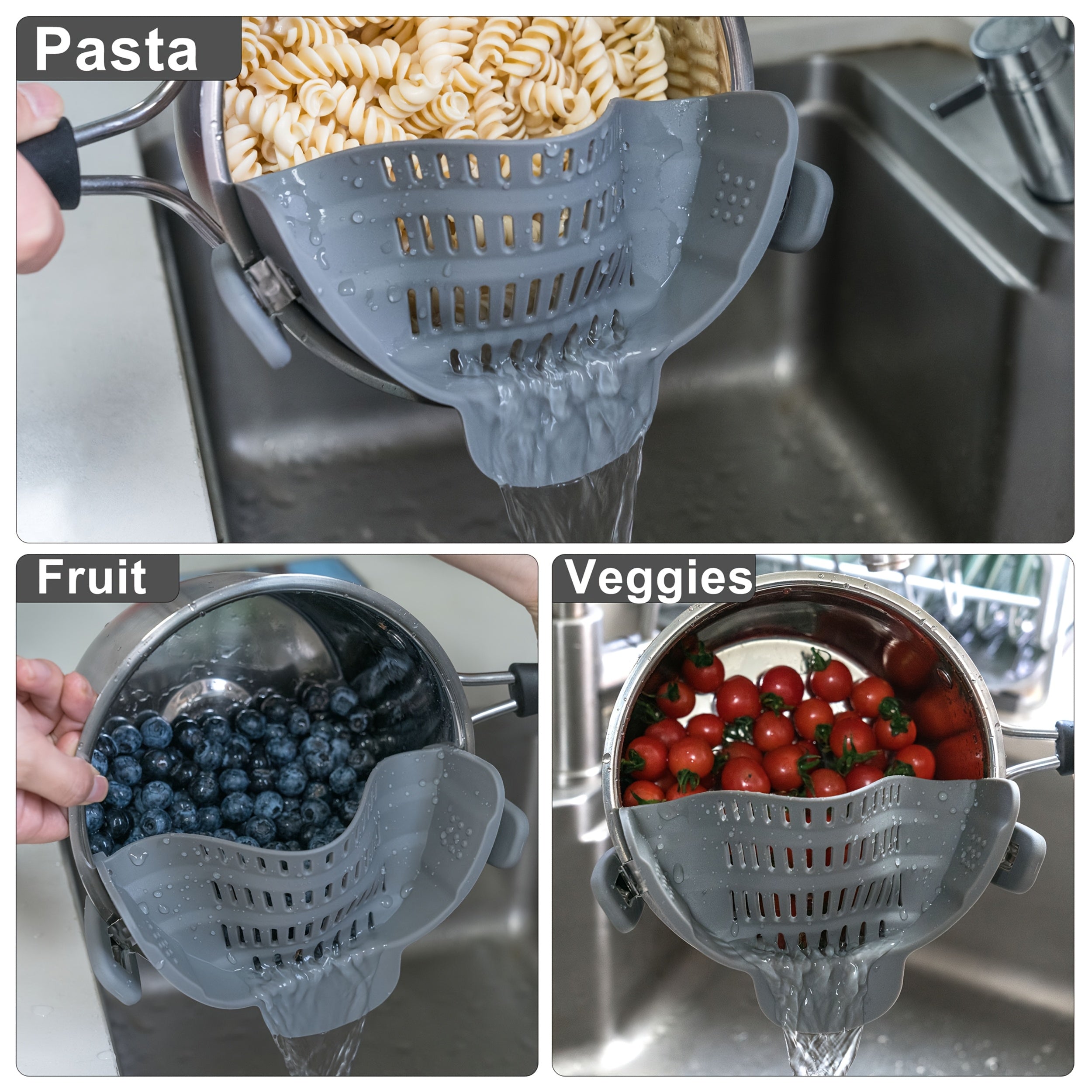 SnapStrain | Clip-on pot- en pannenzeef – Duurzame plastic vergiet voor pasta, groenten en fruit