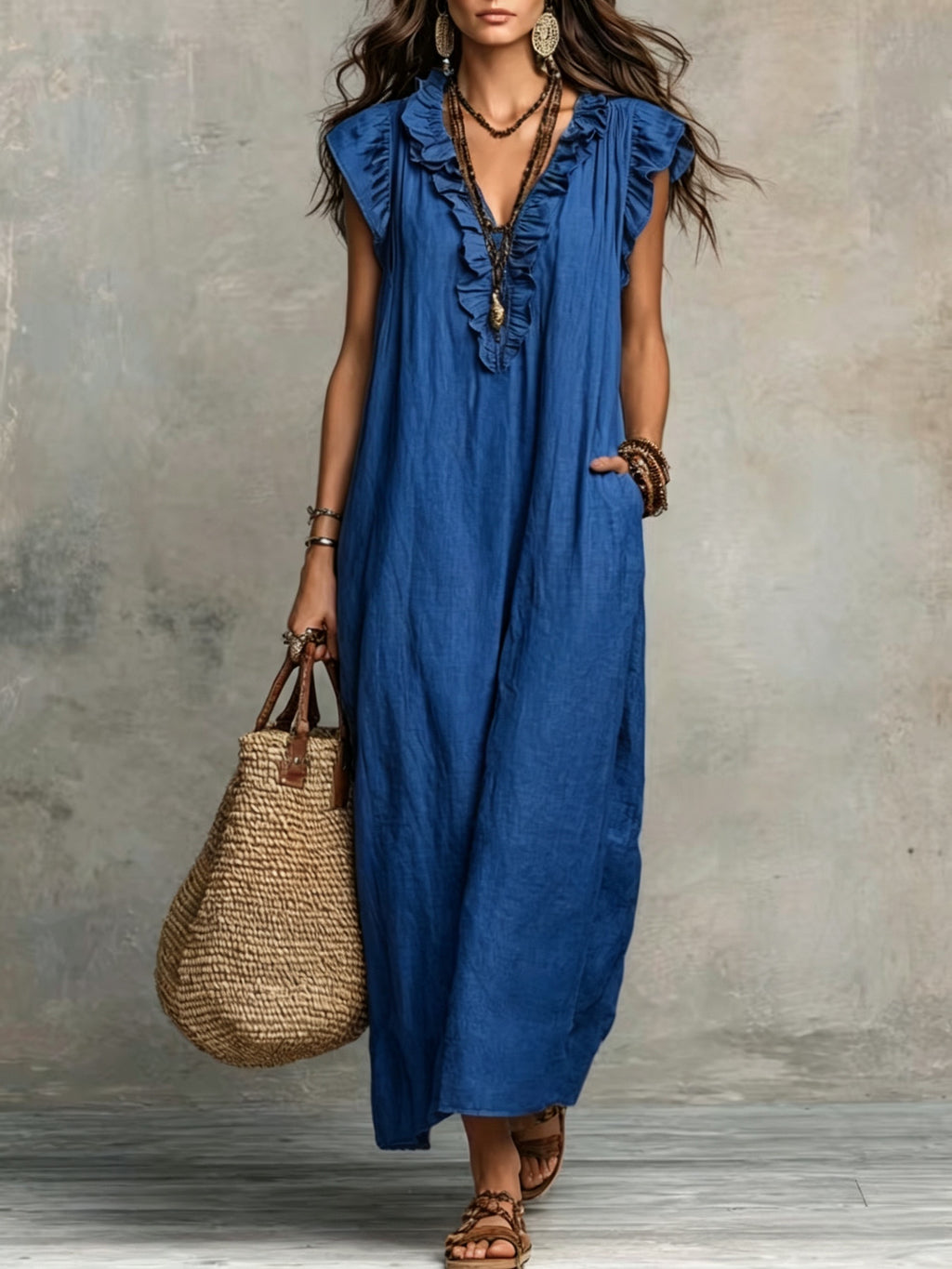 Jyra | Casual-elegante jurk voor dames – Lange, zwierige zomerjurk in boho-stijl met V-hals
