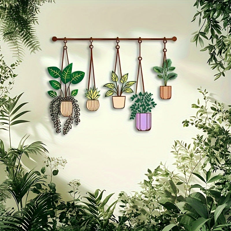 WallFlora | Grote Metalen Plantenwanddecoratie – Bruine Hangende Buizen met Groene & Paarse Potten