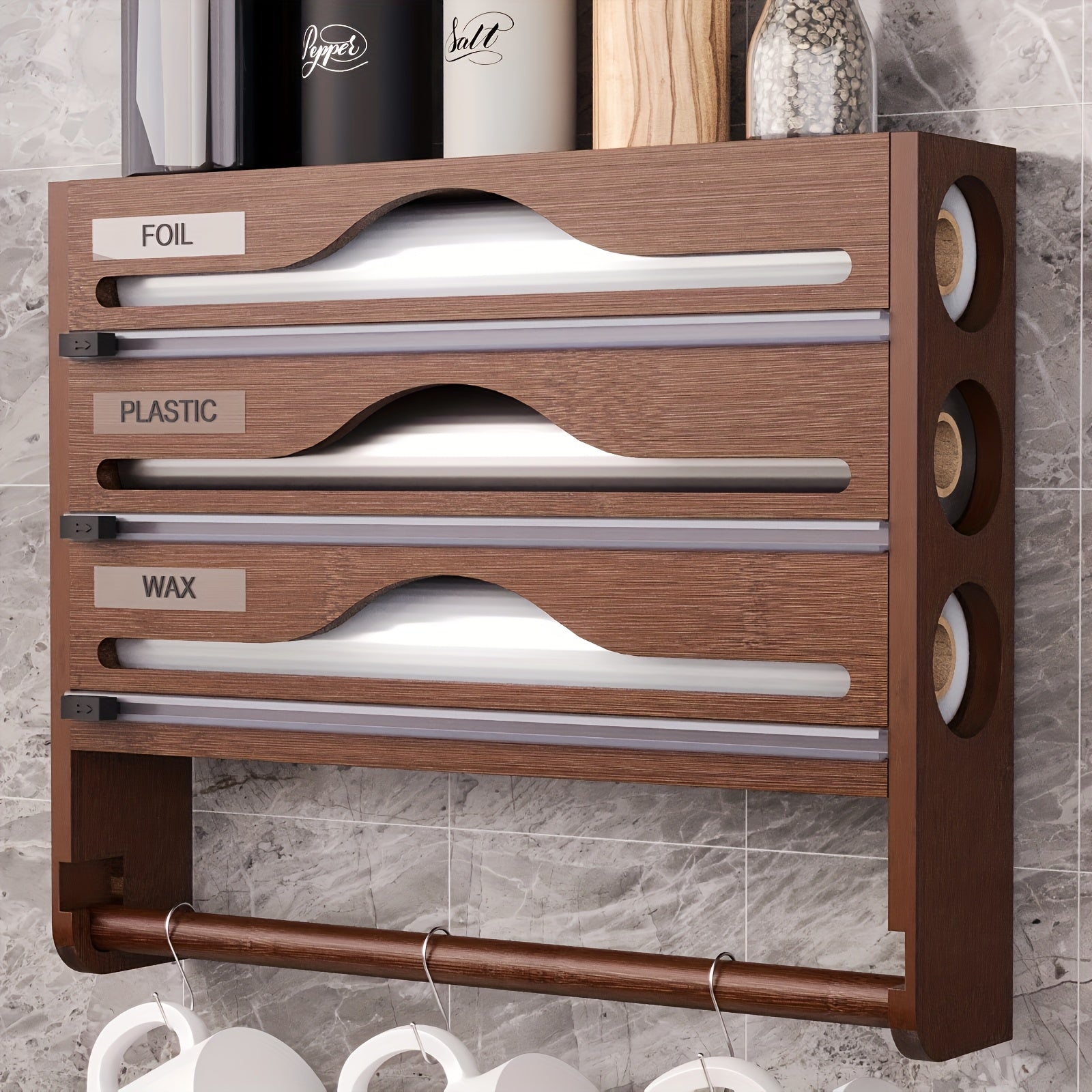 WrapRack | 3-delige bamboefoliedispenser - Keukenorganizer met keukenrolhouder, snijder en opbergrek -