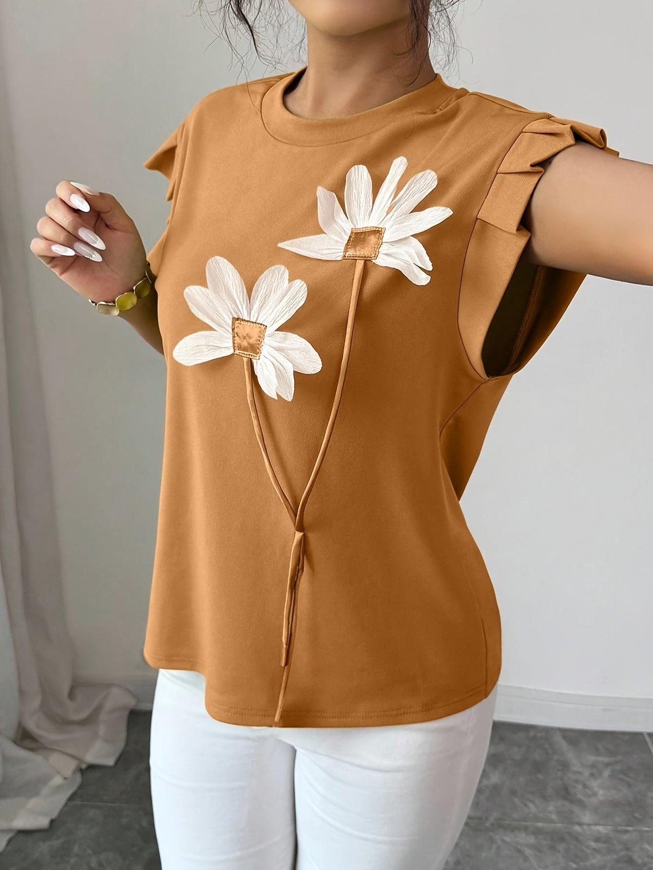 Selindra | 3D Bloemen T-shirt – Kleurblok Casual Top, Mouwloos, Comfortabel Everyday Tee