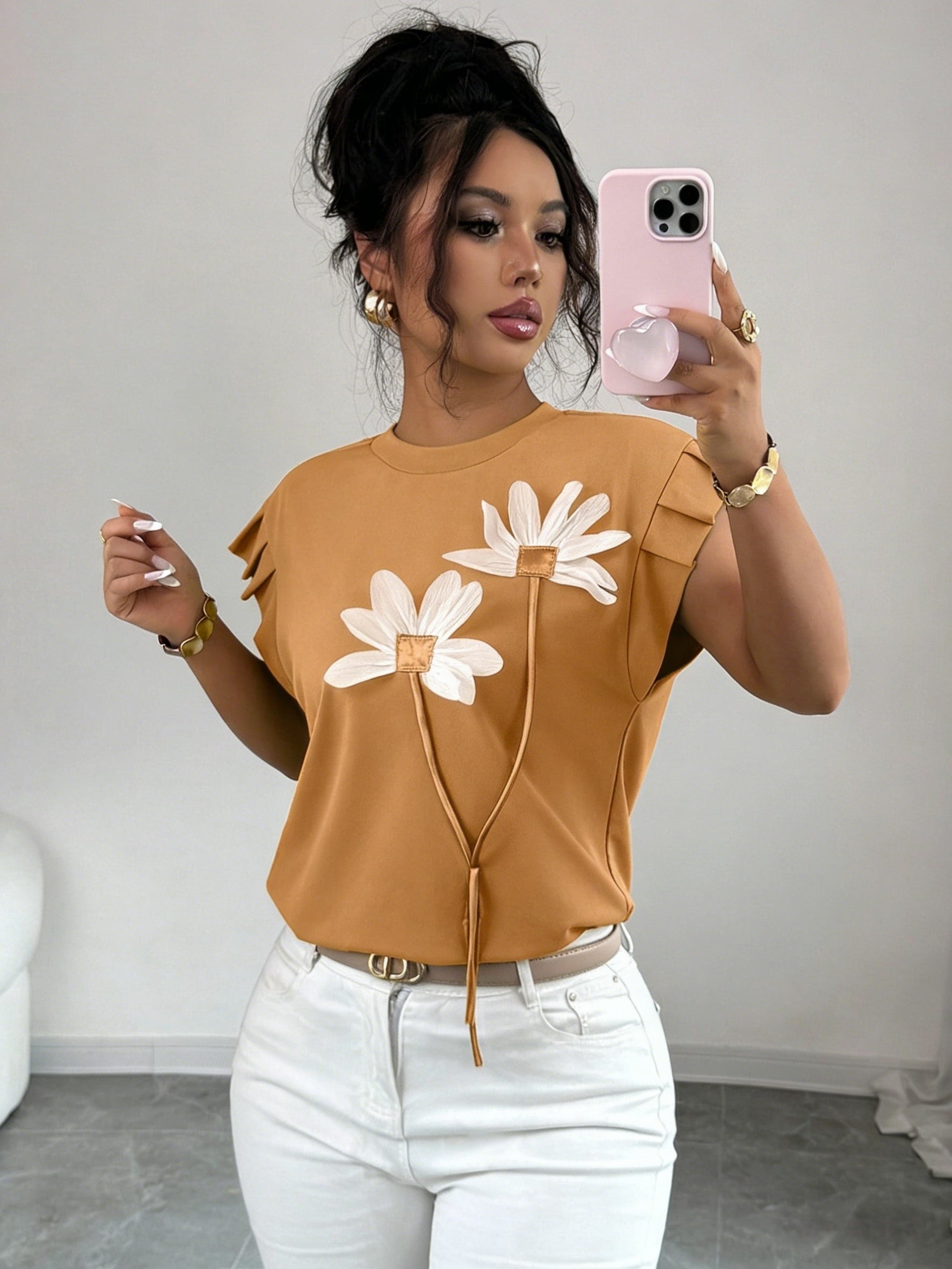 Selindra | 3D Bloemen T-shirt – Kleurblok Casual Top, Mouwloos, Comfortabel Everyday Tee