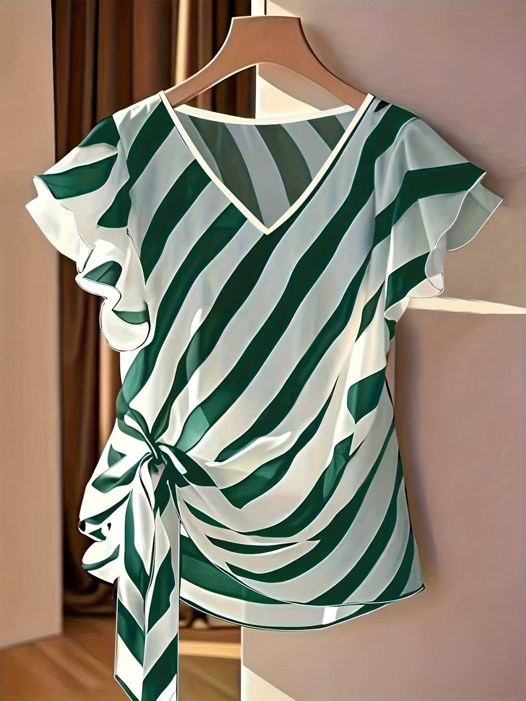 Saelyn | Gestreepte damestop met V-hals – Blouse met strik in de taille