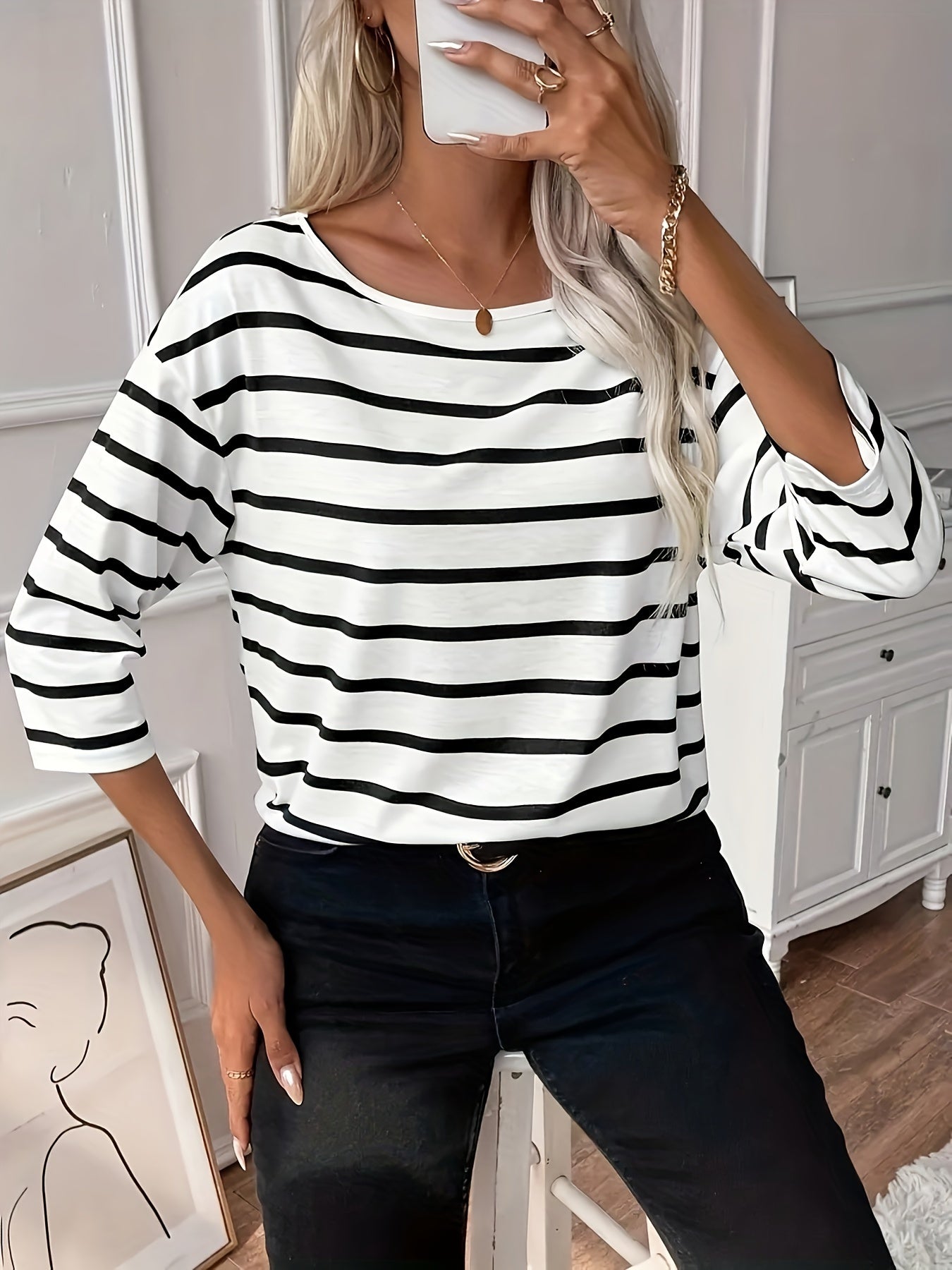 Suri | Gestreepte zomertop voor dames – Zacht gebreid T-shirt met 3/4-mouwen