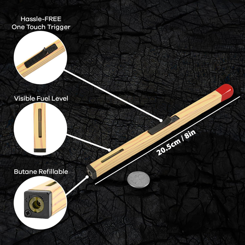 BlazeMatch | Navulbare Butaan Aansteker - Elegant Match Ontwerp, Regelbare Vlam, Perfect voor Kaarsen & Grills