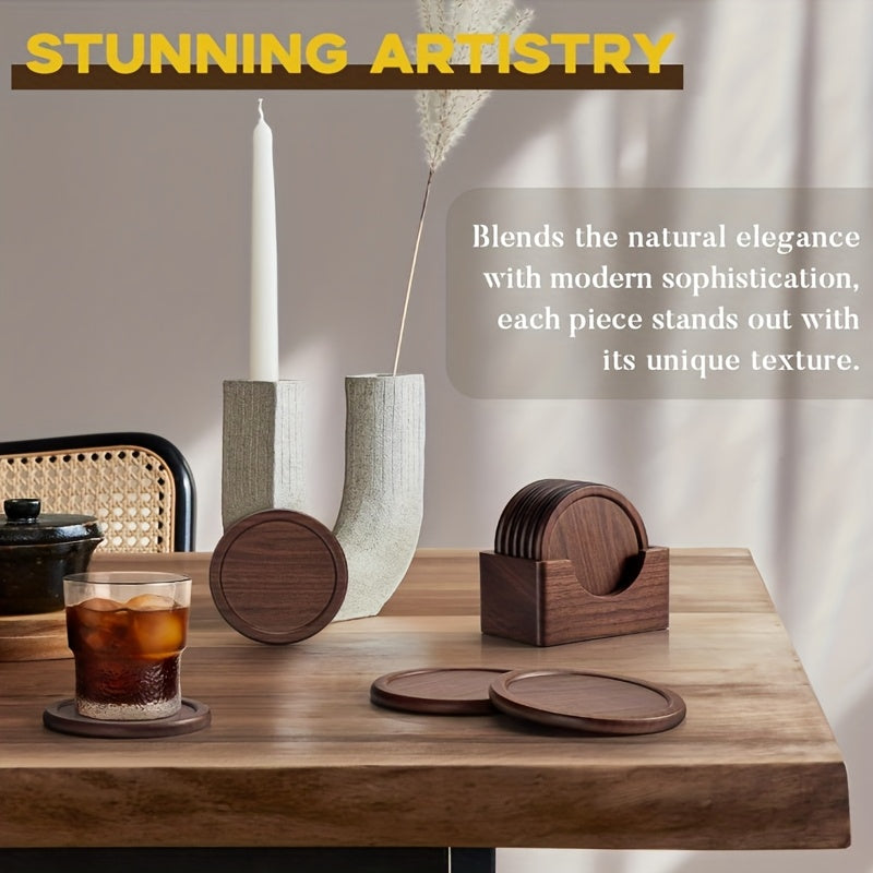 Coastique | 6 stuks ronde onderzetters van zwart walnotenhout met opbergbasis, massief houten geïsoleerde