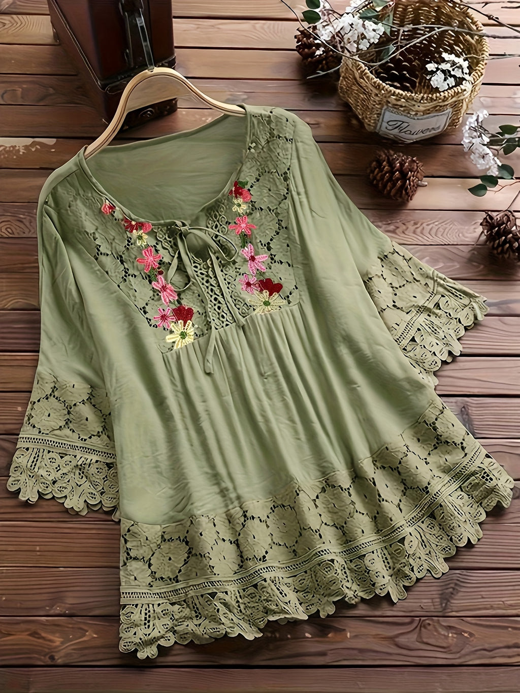 Vayla | Casual kanten damesblouse – Lente-zomerblouse met lange mouwen en patchwork