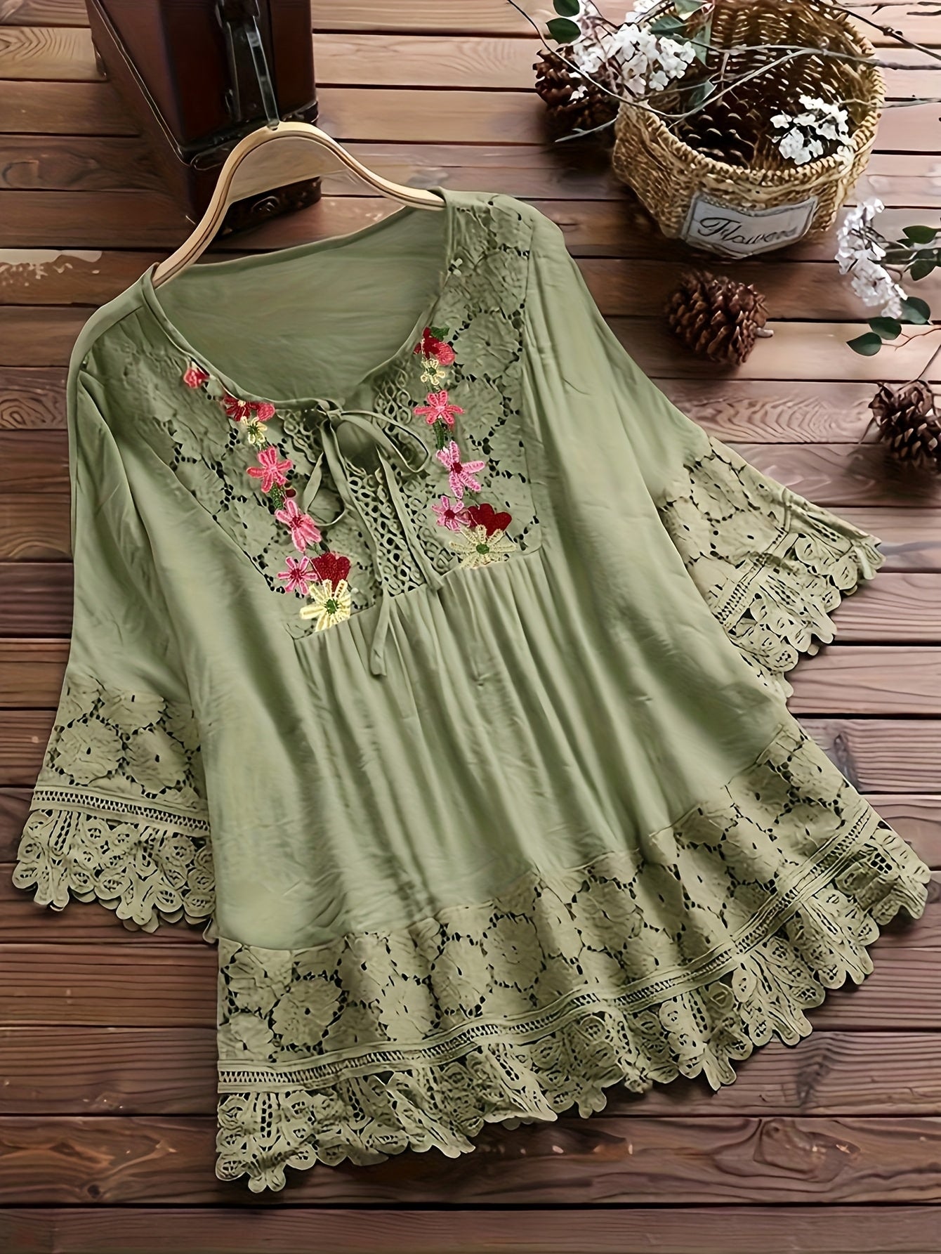 Vayla | Casual kanten damesblouse – Lente-zomerblouse met lange mouwen en patchwork
