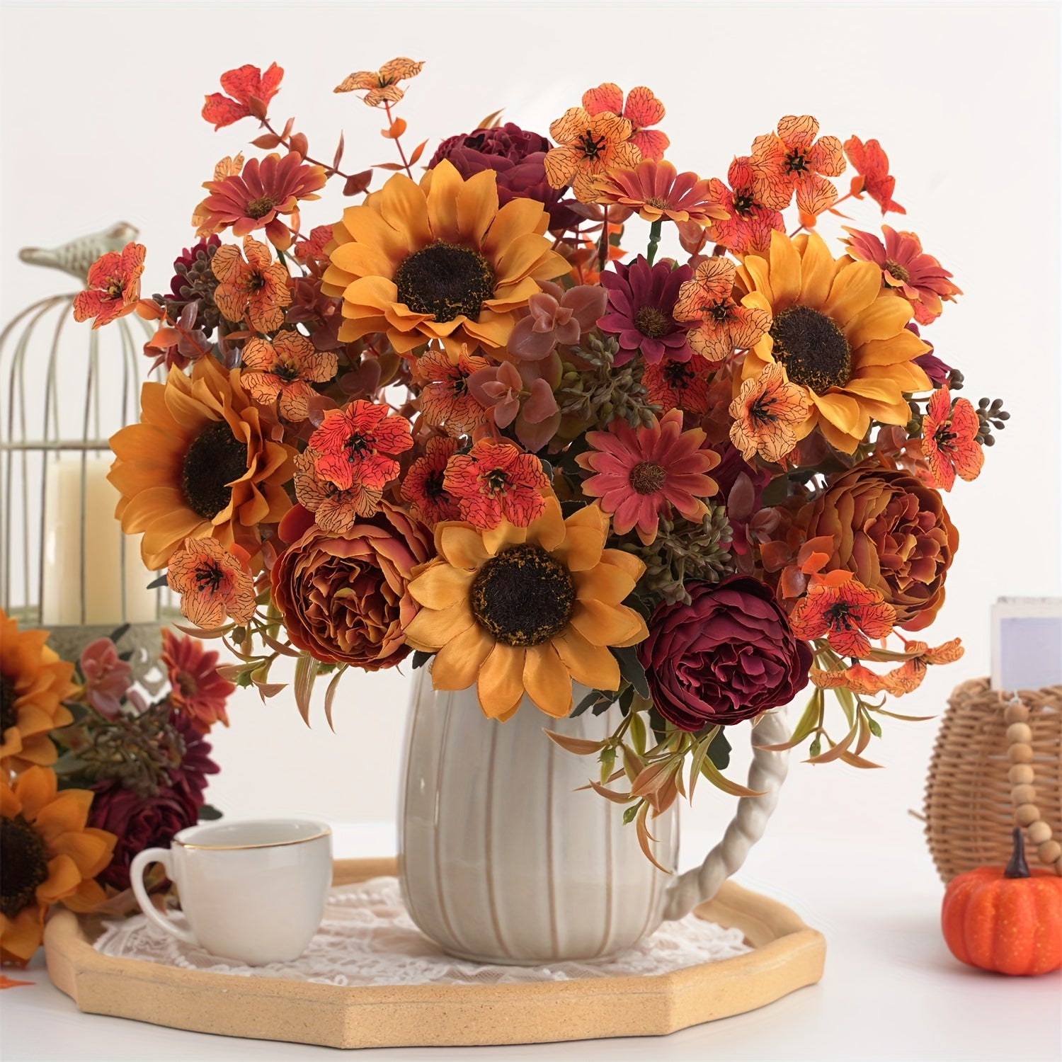 AutumnBloom | 4 stuks kunstbloemenarrangement voor de herfst – boeket met zonnebloemen, pioenrozen en madeliefjes