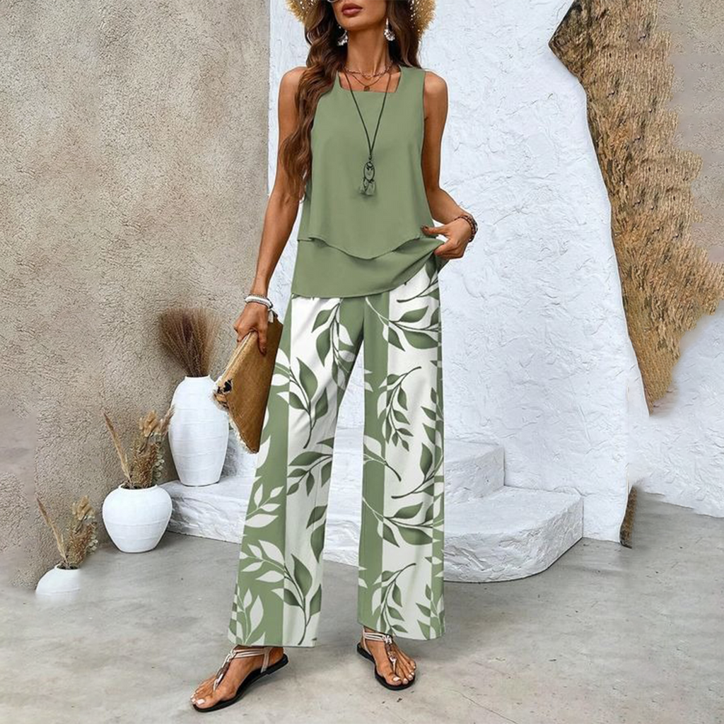 Zevarina | Dames 2-Delige Casual Set – Mouwloze Top & Bedrukte Broeken Matching Set