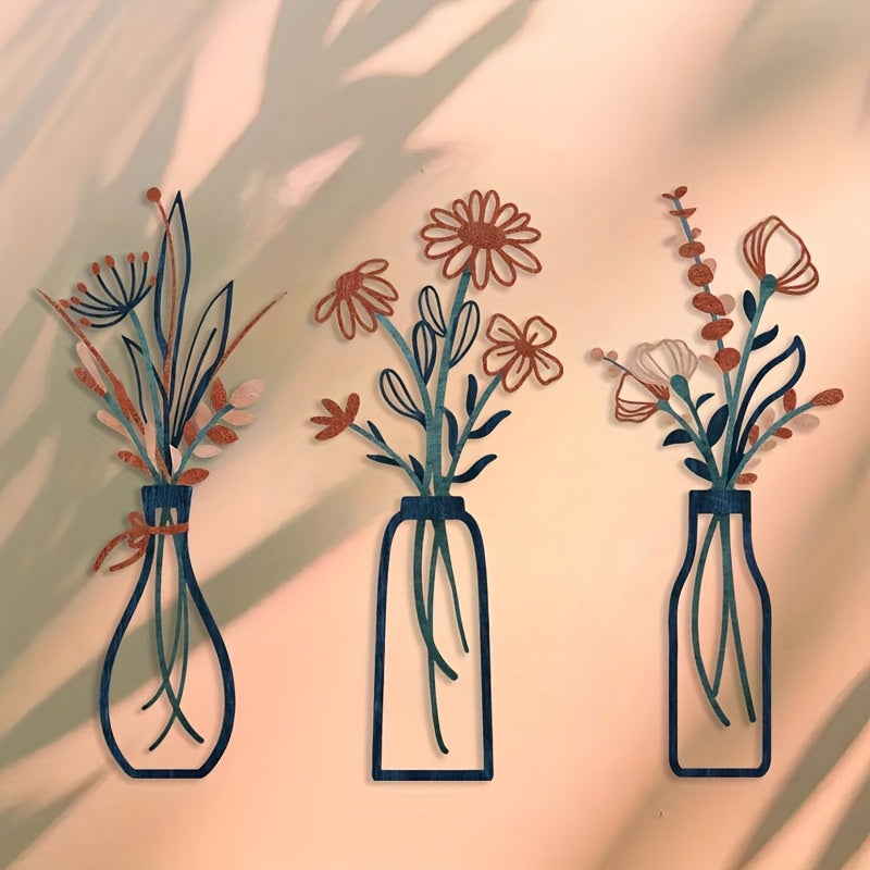 Bloomistry | 3-delige opvallende bloemenwanddecoratie, metalen hangende sculpturen voor de woonkamer