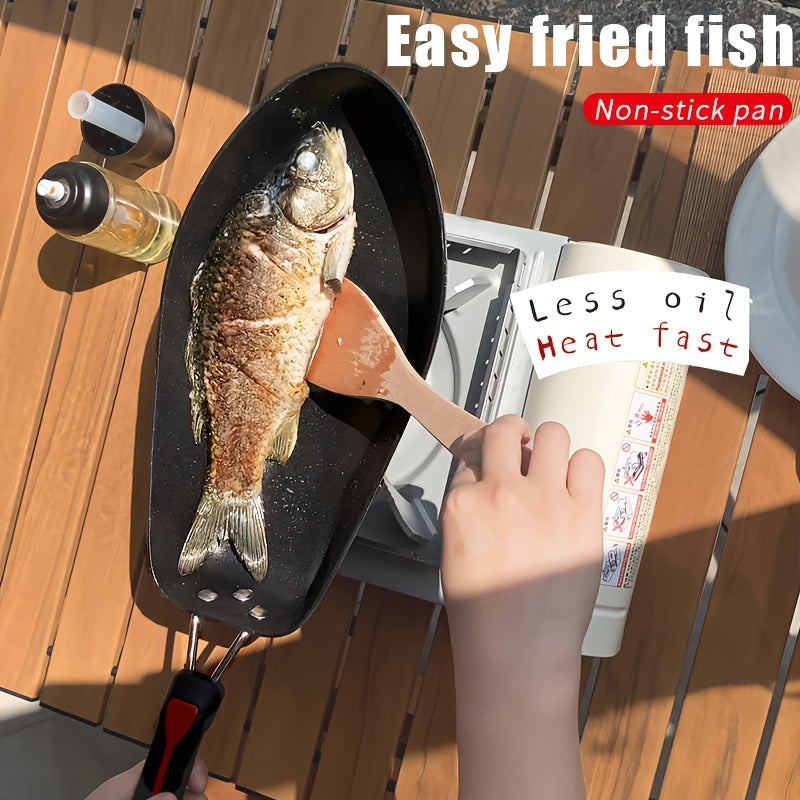 SizzleFish | Antiaanbakpan voor vis met snelle warmtegeleiding, visvormig lichaam, deksel en spatel
