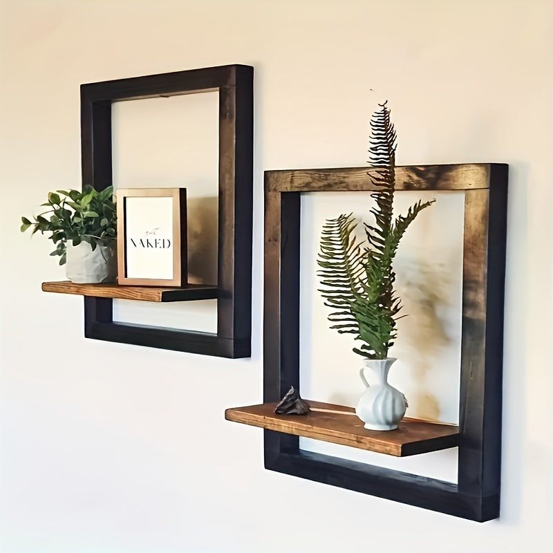 ShelfScape | Vintage Houten Wandplank Set - Vierkante Planken met Haken