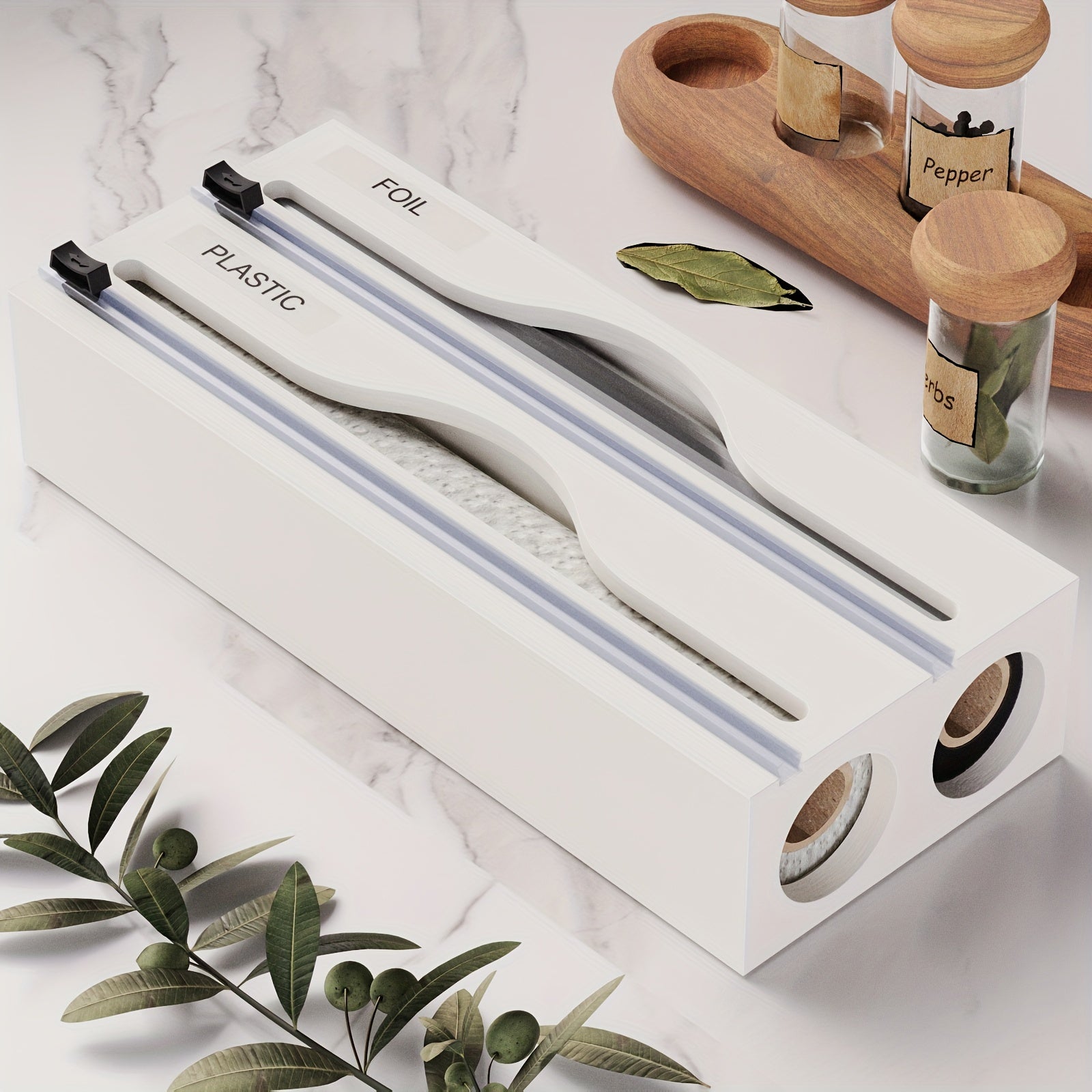 WrapMaster | 2-in-1 Houten Keukenwikkelautomaat met Snijder, Dubbele Gleuf Opbergorganisator voor Keukenlade & Aanrecht