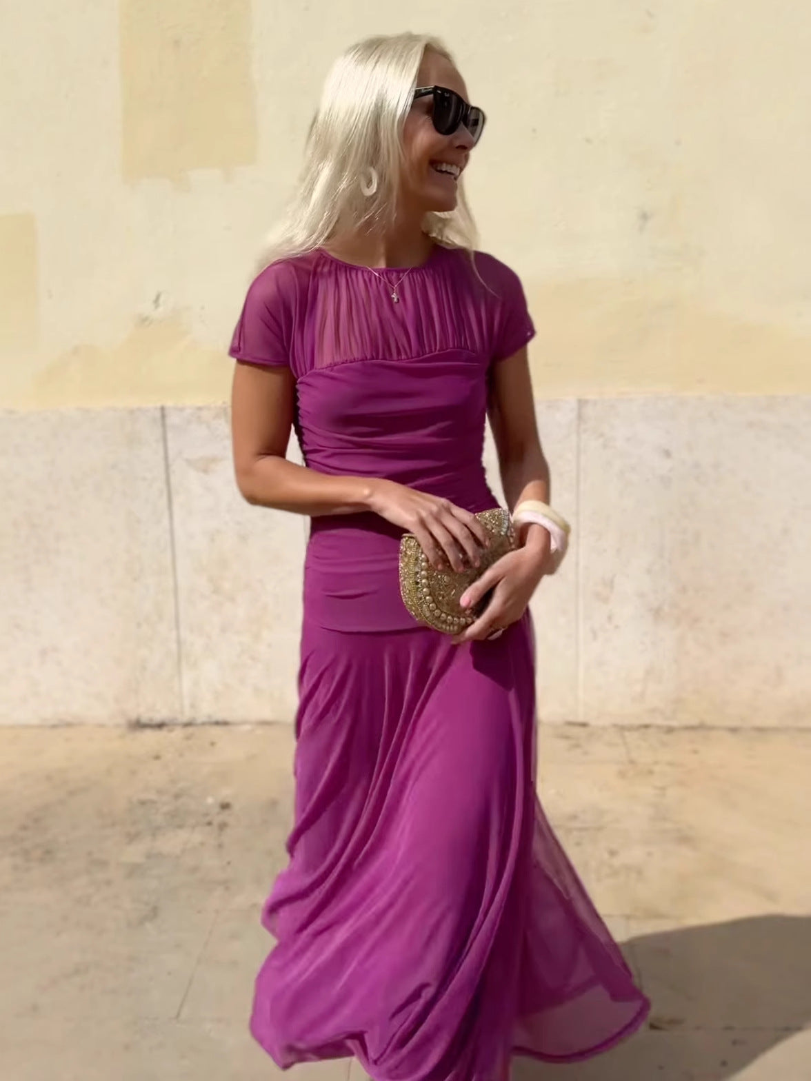 Quenby | Chiffon midi-jurk voor dames – elegante zwierige A-lijn jurk met ronde hals