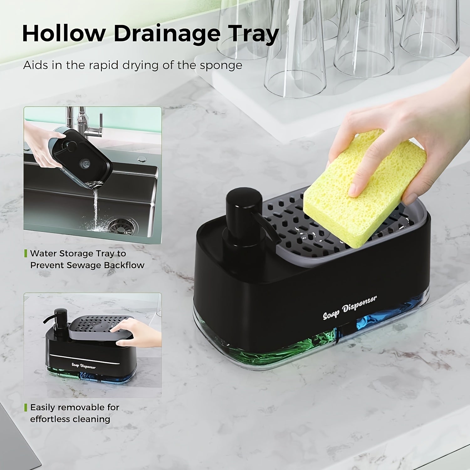 SoapVault | 4-in-1 dispenser voor afwasmiddel met sponshouder - dubbele dispenser voor hand- en afwasmiddel