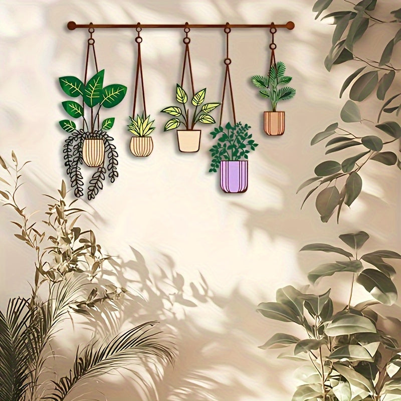 WallFlora | Grote Metalen Plantenwanddecoratie – Bruine Hangende Buizen met Groene & Paarse Potten