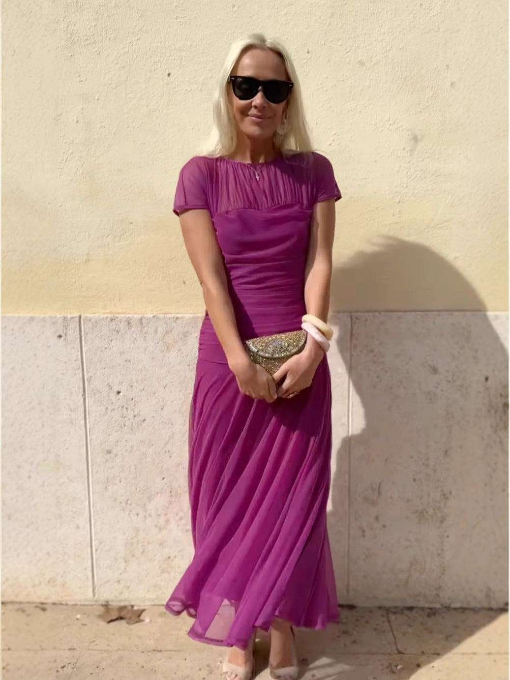Eira | Dames chiffon jurk – elegante, zwierige maxi-jurk met ronde hals