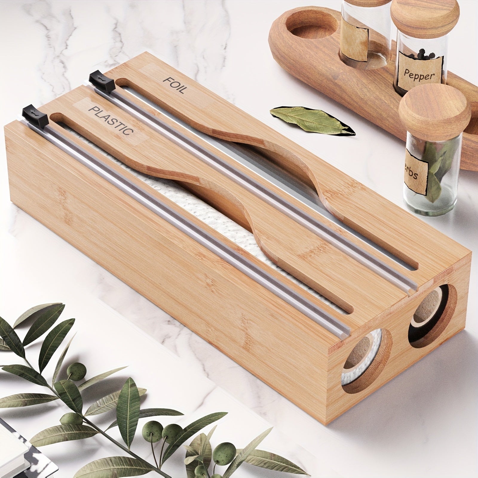 WrapMaster | 2-in-1 Houten Keukenwikkelautomaat met Snijder, Dubbele Gleuf Opbergorganisator voor Keukenlade & Aanrecht