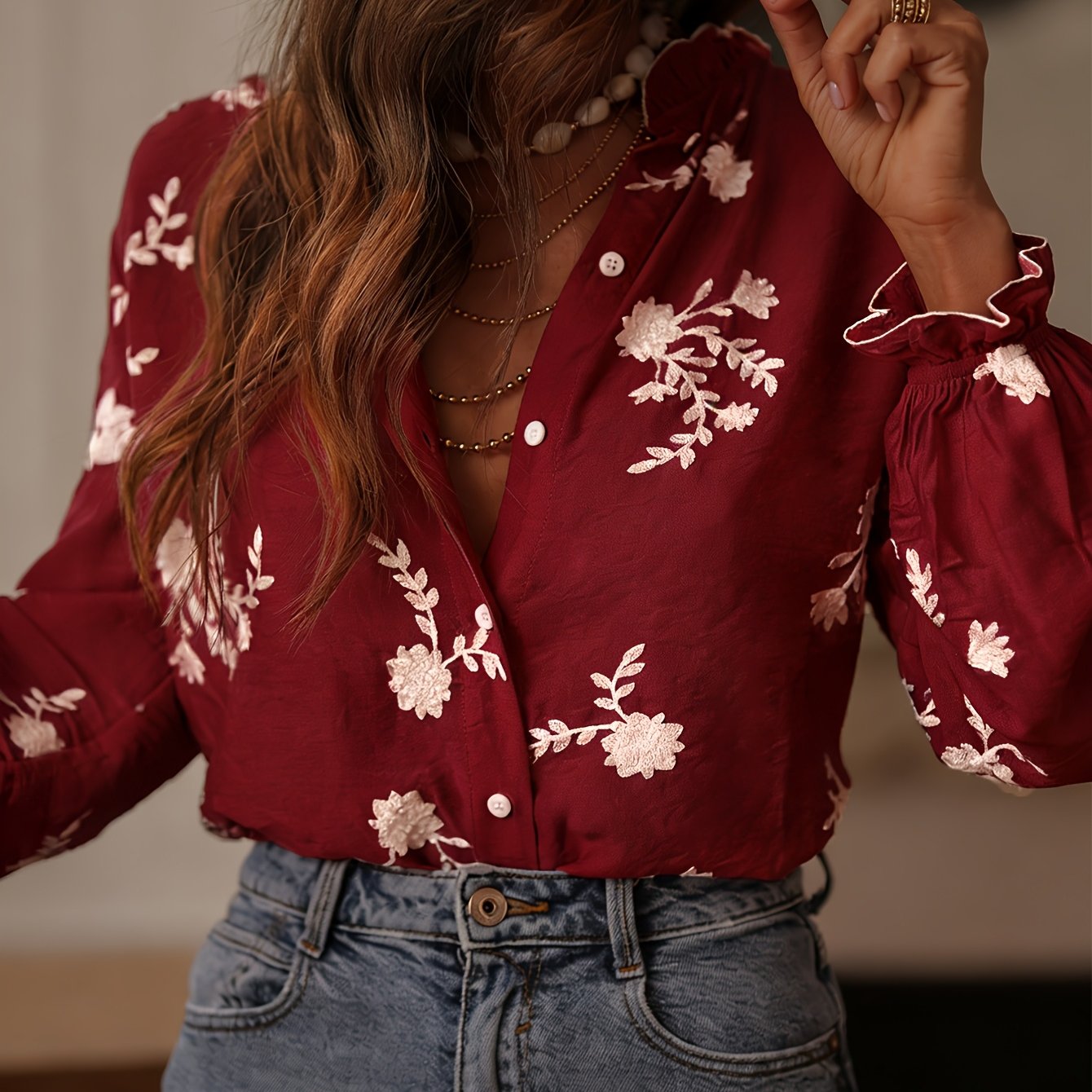 Omelia | Dames casual blouse met lange mouwen, bloemenborduursel, knopen aan de voorkant