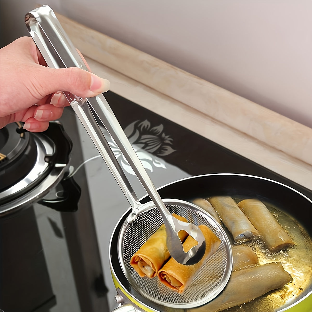 FryGrip | Roestvrijstalen zeef en tang voor hoge temperaturen - perfect voor het bakken van voedsel