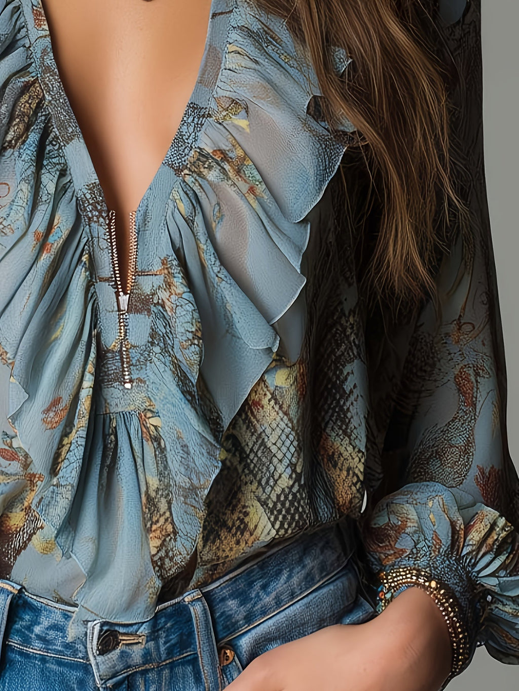 Ulynn | Elegante chiffonblouse voor dames – Blouse met bloemenprint, slangenprint, V-hals en ruches
