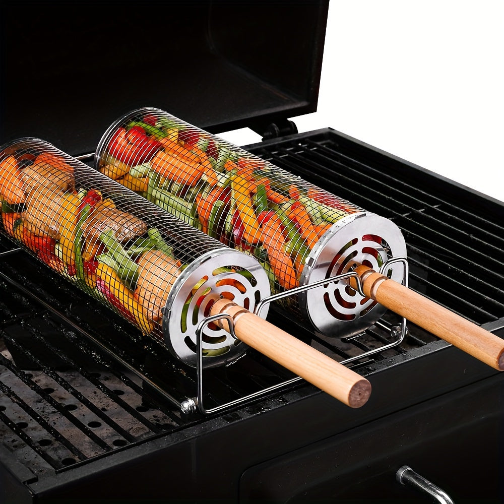 BBQSpin | RVS Grillmanden 2 stuks – Afneembare Houten Handgrepen, Rooster voor Groenten